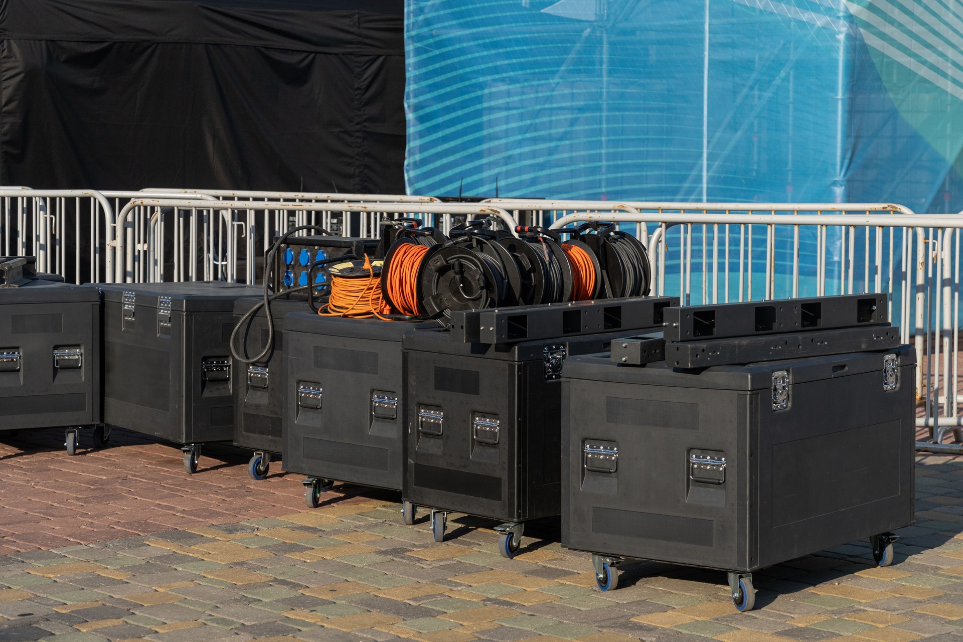 Equipment boxes on music stage for LED screen assembly