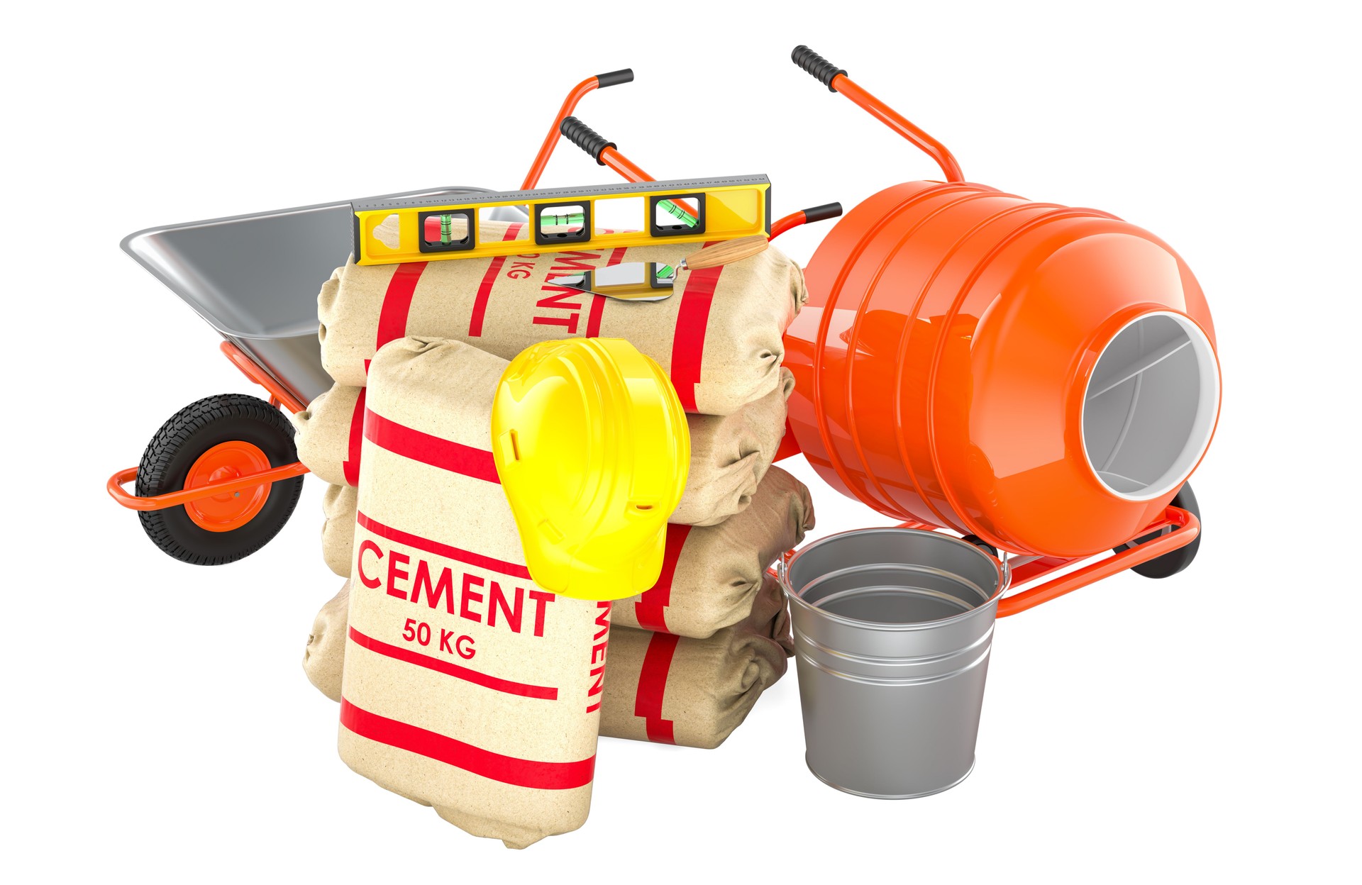 Construction tools, materials and equipment. 3D rendering
